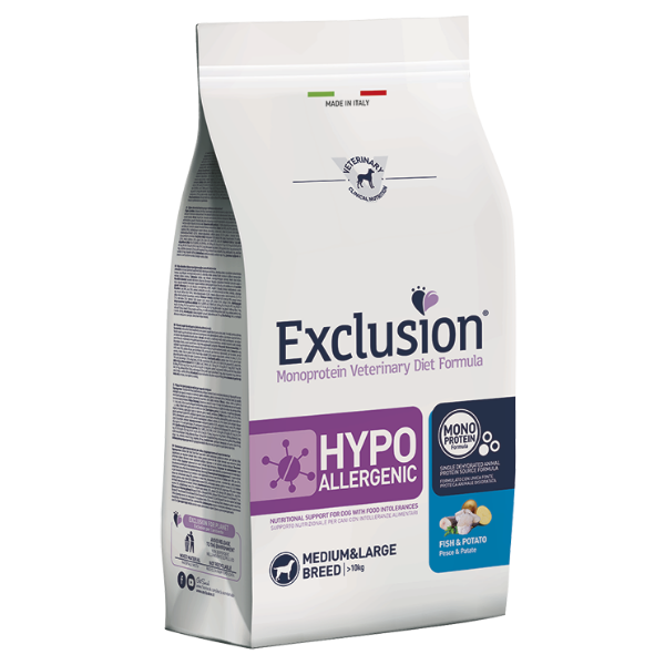 Exclusion Hypoallergenic per Cani Taglia Media e Grande Pesce e Piselli 12 kg