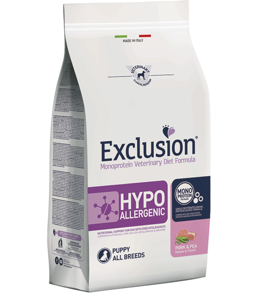 Exclusion Veterinary Diet Canine Hypoallergenic Puppy Maiale e Piselli 12 kg